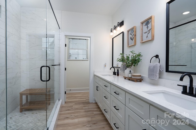 bathroom featuring wood-type flooring, vanity, and a shower with shower door