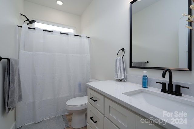 bathroom featuring curtained shower, vanity, and toilet