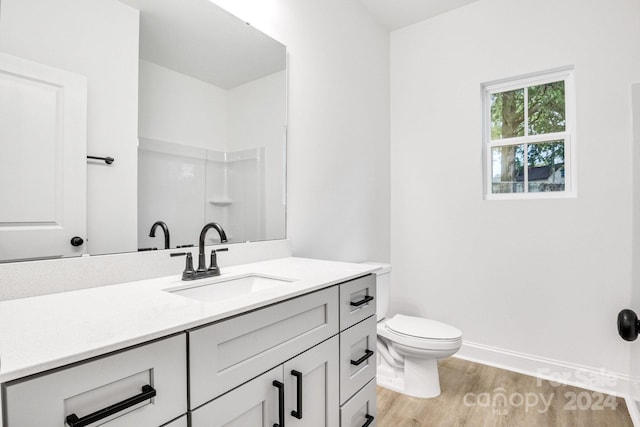 bathroom featuring wood-type flooring, vanity, and toilet