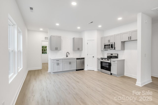602 Meadow St, Spencer, NC 28159 - kitchen featuring appliances with stainless steel finishes, gray cabinetry, decorative backsplash, light wood-type flooring, and light countertops