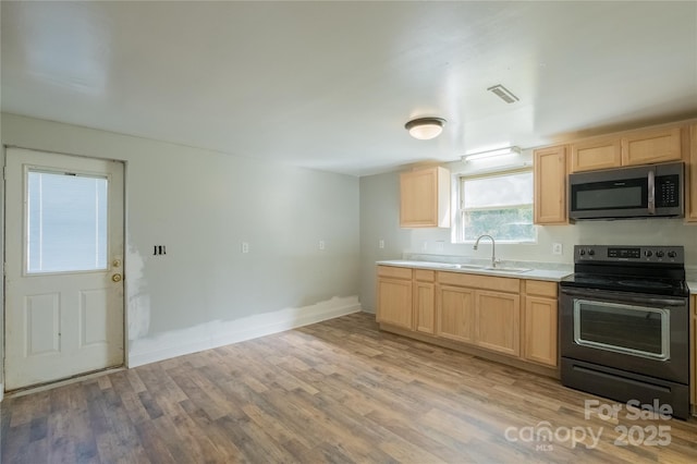 kitchen with light brown cabinetry, black / electric stove, light hardwood / wood-style floors, and sink