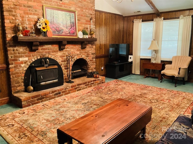 carpeted living room with lofted ceiling with beams and wooden walls