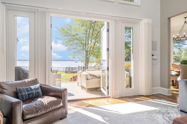 doorway featuring an inviting chandelier, hardwood / wood-style flooring, plenty of natural light, and a water view