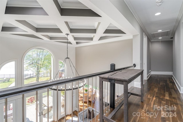 hall featuring beamed ceiling, crown molding, dark hardwood / wood-style flooring, and coffered ceiling