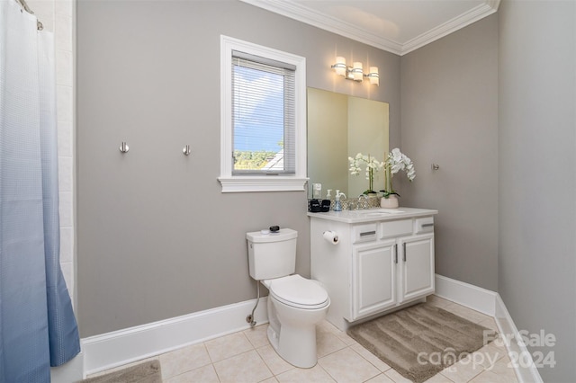 bathroom featuring tile patterned floors, crown molding, walk in shower, vanity, and toilet