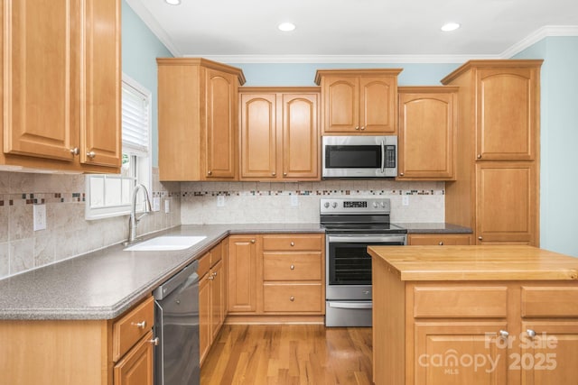 kitchen with butcher block counters, sink, ornamental molding, light hardwood / wood-style floors, and stainless steel appliances