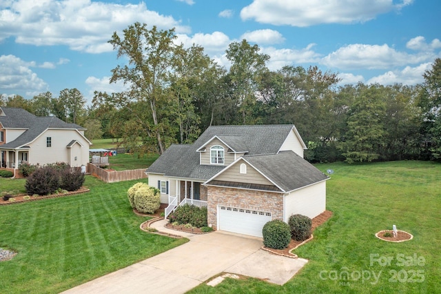 view of front facade with a garage, a front lawn, and a porch