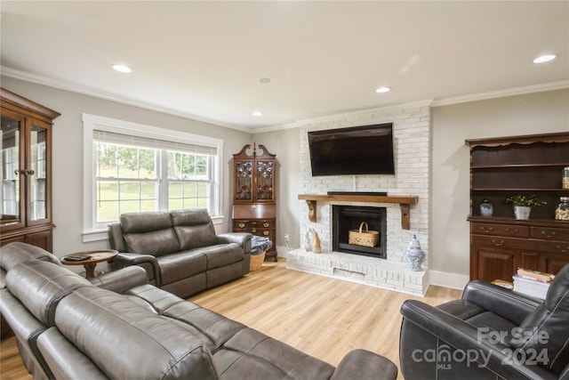 living room featuring ornamental molding, a fireplace, and light hardwood / wood-style flooring