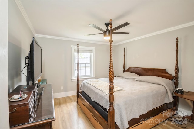 bedroom with ceiling fan, light hardwood / wood-style floors, and ornamental molding