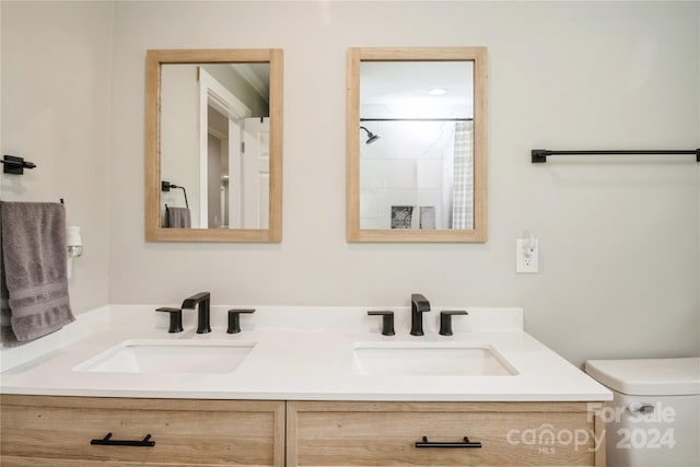 bathroom with a shower, vanity, and toilet