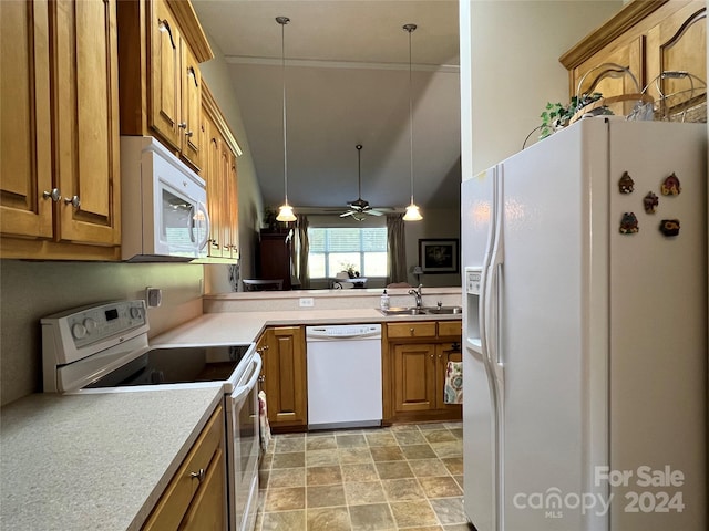 kitchen featuring ceiling fan, decorative light fixtures, sink, and white appliances