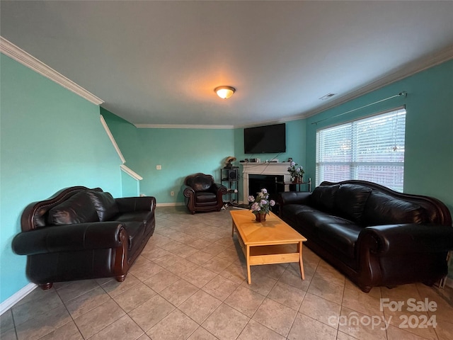 tiled living room featuring crown molding