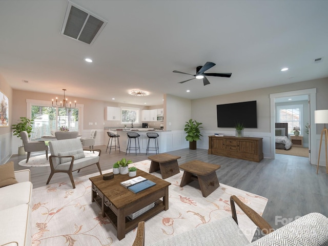 40 Ridgecrest Ave, Peachland, NC 28133 - living area featuring a chandelier, light wood-style flooring, recessed lighting, and a ceiling fan