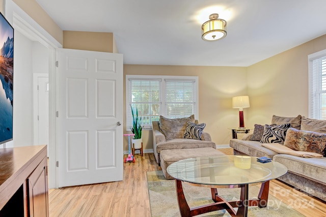 living room with plenty of natural light and light hardwood / wood-style floors