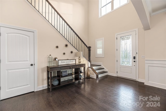 entryway featuring a high ceiling, ornamental molding, and dark hardwood / wood-style floors