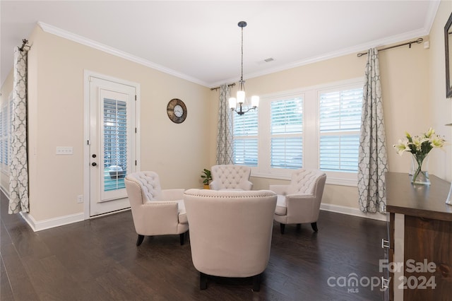 dining space with ornamental molding, dark hardwood / wood-style floors, and a notable chandelier