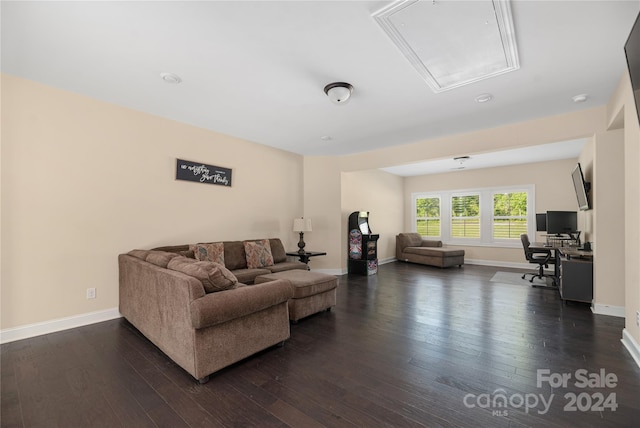 living room featuring dark wood-type flooring