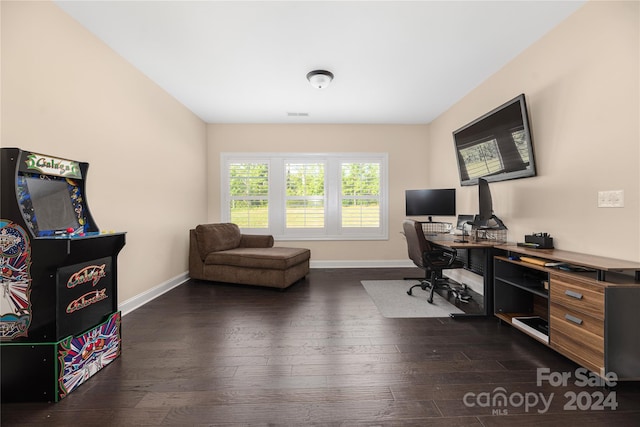 home office featuring dark wood-type flooring