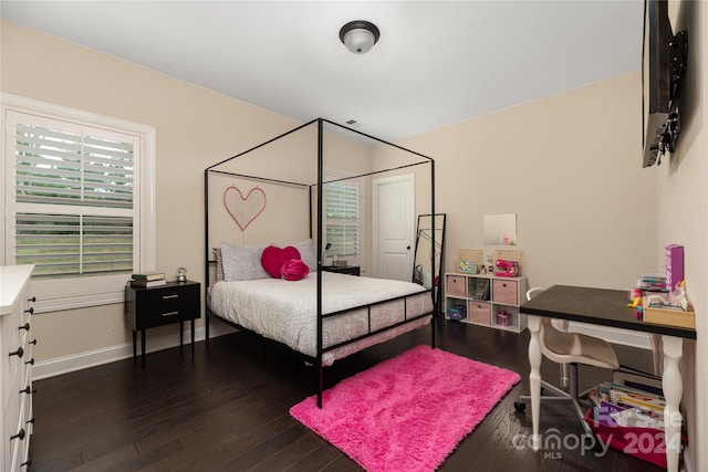 bedroom featuring multiple windows and dark hardwood / wood-style flooring