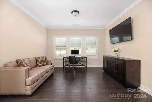 office area with crown molding and dark wood-type flooring