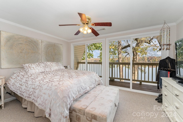 carpeted bedroom featuring crown molding, access to exterior, and ceiling fan