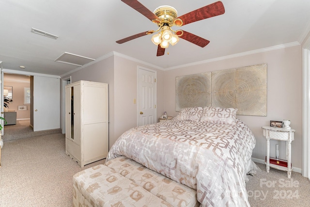 bedroom with light carpet, ornamental molding, and ceiling fan