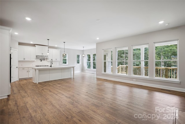 unfurnished living room featuring hardwood / wood-style floors, sink, and a wealth of natural light