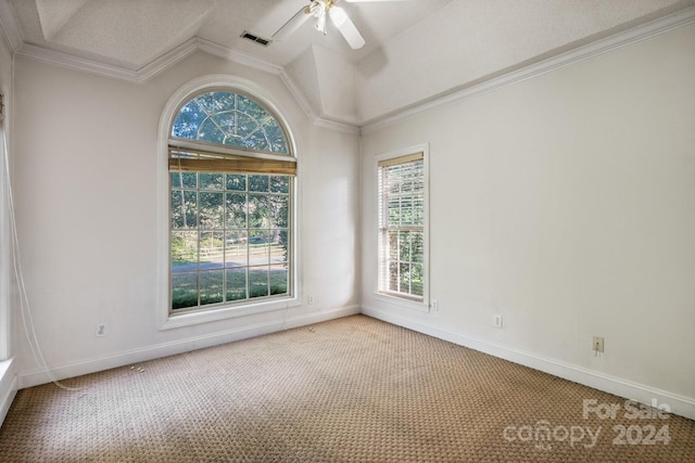 empty room with plenty of natural light, carpet, ceiling fan, and vaulted ceiling