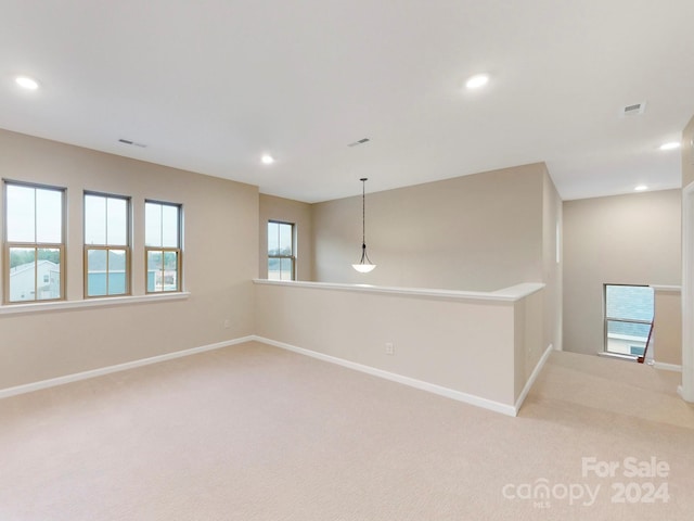 spare room featuring plenty of natural light and light colored carpet