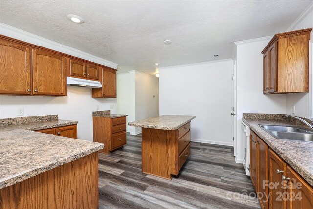 kitchen featuring ornamental molding, sink, dark hardwood / wood-style flooring, and a kitchen island