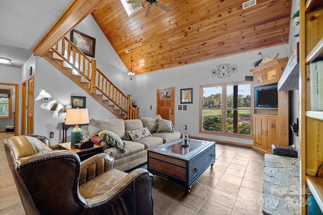 living room featuring ceiling fan, high vaulted ceiling, wooden ceiling, and a skylight