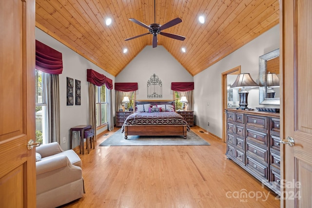 bedroom with wood ceiling, wood-type flooring, and ceiling fan