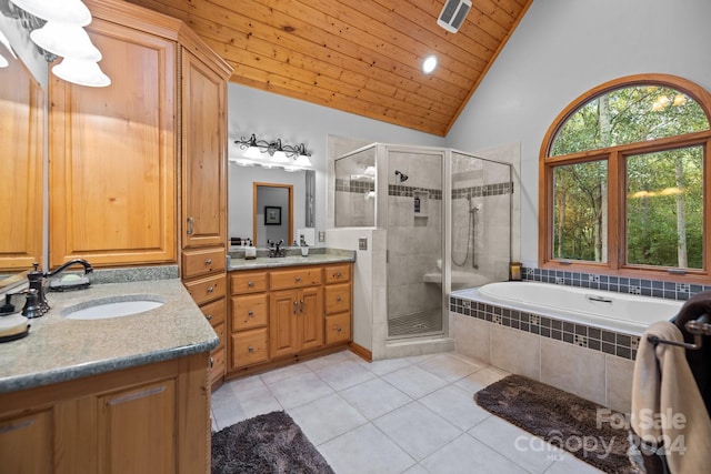 bathroom with tile patterned floors, independent shower and bath, wooden ceiling, vanity, and high vaulted ceiling