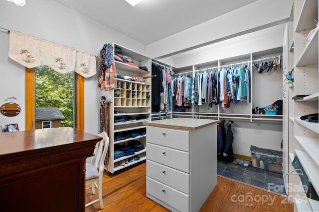 walk in closet with wood-type flooring