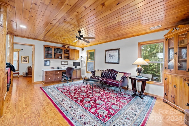 living room featuring light wood-type flooring, built in desk, ceiling fan, wooden ceiling, and ornamental molding