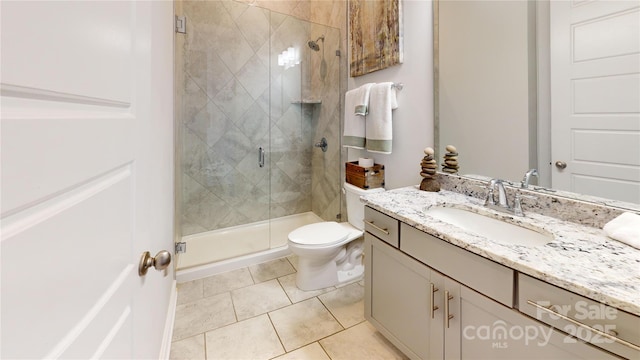 bathroom featuring tile patterned floors, vanity, toilet, and walk in shower