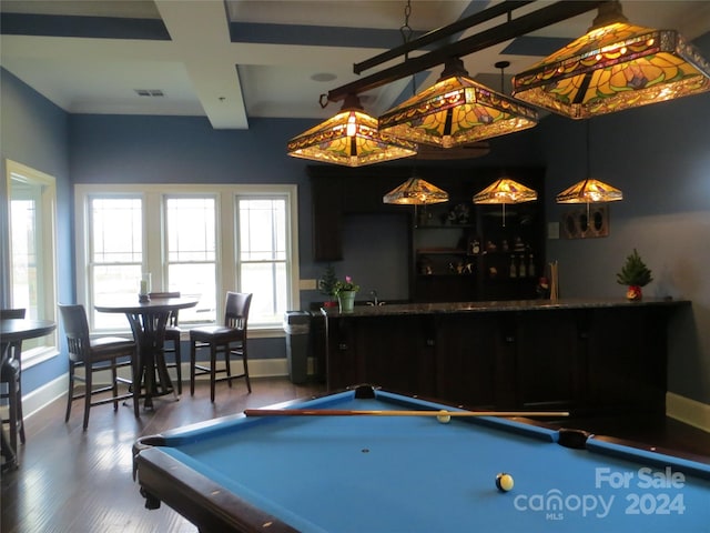 playroom featuring coffered ceiling, billiards, beamed ceiling, wood-type flooring, and bar area