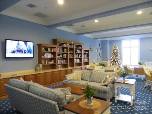 12821 Mayes Rd, Huntersville, NC 28078 - carpeted living area with beam ceiling and recessed lighting