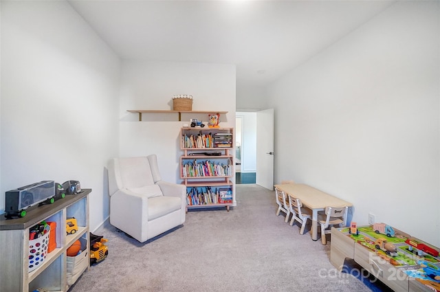 recreation room with light colored carpet