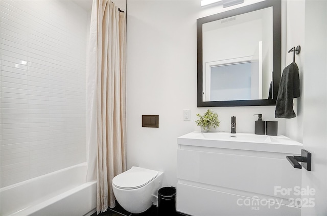 full bathroom with shower / tub combo, visible vents, vanity, and toilet