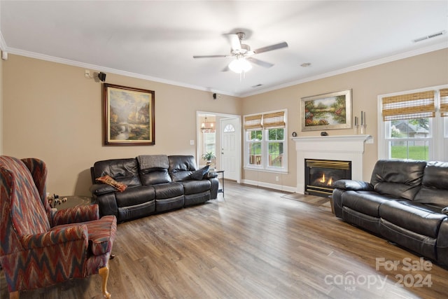 living room with wood-type flooring, ceiling fan, ornamental molding, and a healthy amount of sunlight