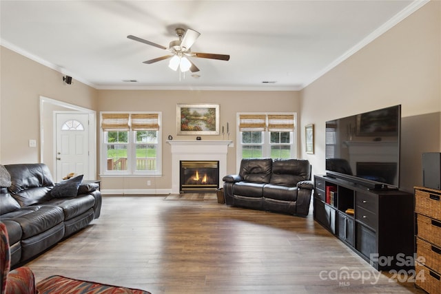 living room with a healthy amount of sunlight, ornamental molding, and dark hardwood / wood-style flooring