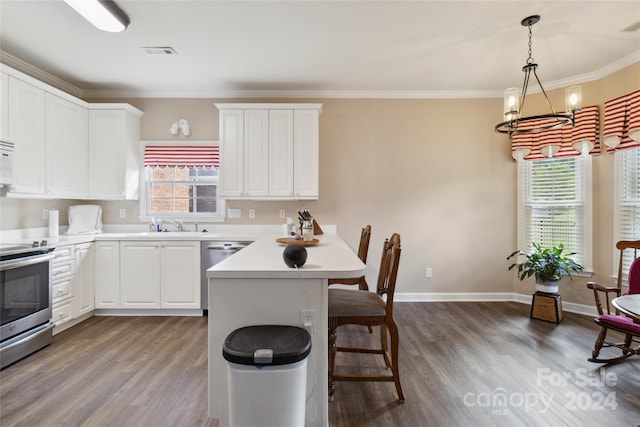 kitchen with stainless steel appliances, kitchen peninsula, dark hardwood / wood-style flooring, and white cabinetry