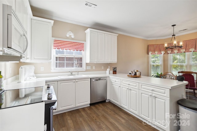 kitchen featuring kitchen peninsula, decorative light fixtures, dark wood-type flooring, white cabinetry, and dishwasher