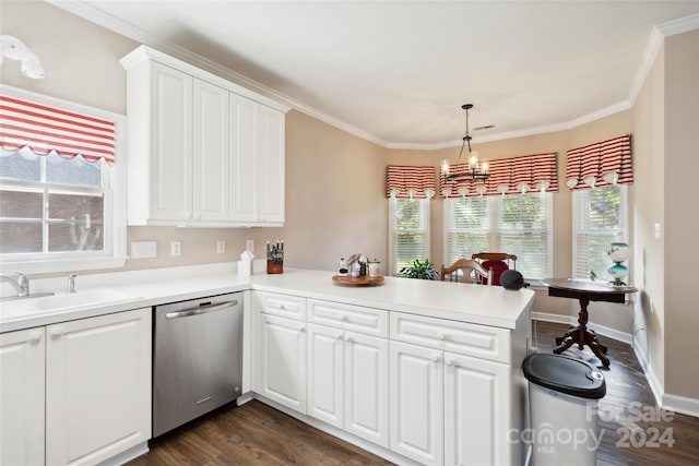 kitchen with dark wood-type flooring, kitchen peninsula, white cabinetry, and stainless steel dishwasher