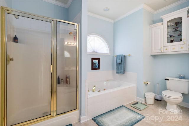 bathroom with independent shower and bath, tile patterned flooring, toilet, and crown molding