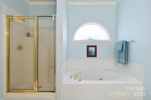 bathroom with crown molding and separate shower and tub