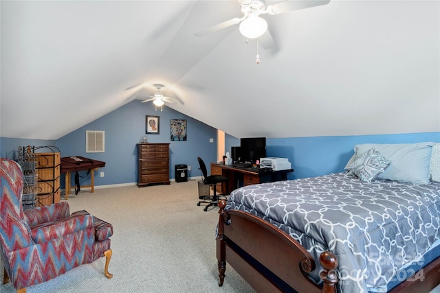 bedroom with carpet, vaulted ceiling, and ceiling fan