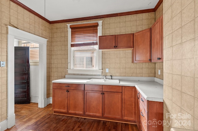 kitchen featuring sink, crown molding, tile walls, and dark hardwood / wood-style flooring