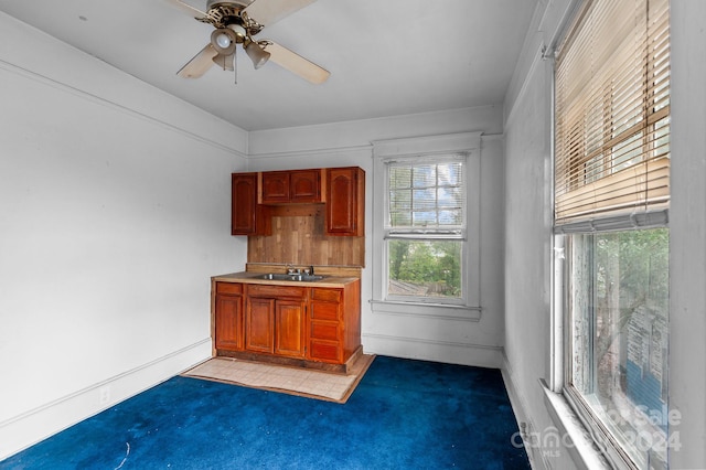 kitchen featuring light carpet, ceiling fan, and sink